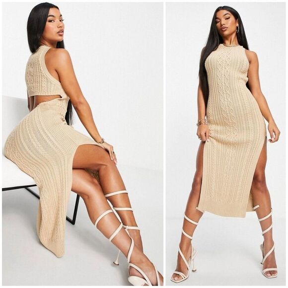 🆕 ASOS Cable Knit Midi Dress with Open Back Detail in Camel - Picture 2 of 11